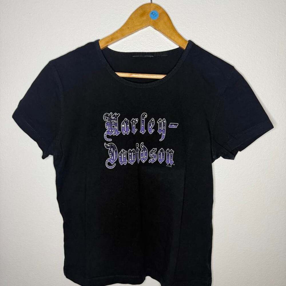 Vintage y2k 2003 Harley Davidson womens t-shirt with purple logo bedazzled